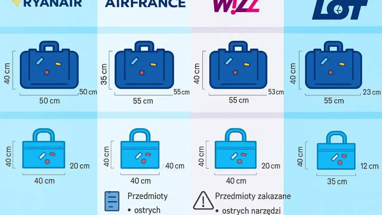 Wymiary bagażu podręcznego Air France: 35x55x25 cm. Porównanie z innymi liniami lotniczymi.