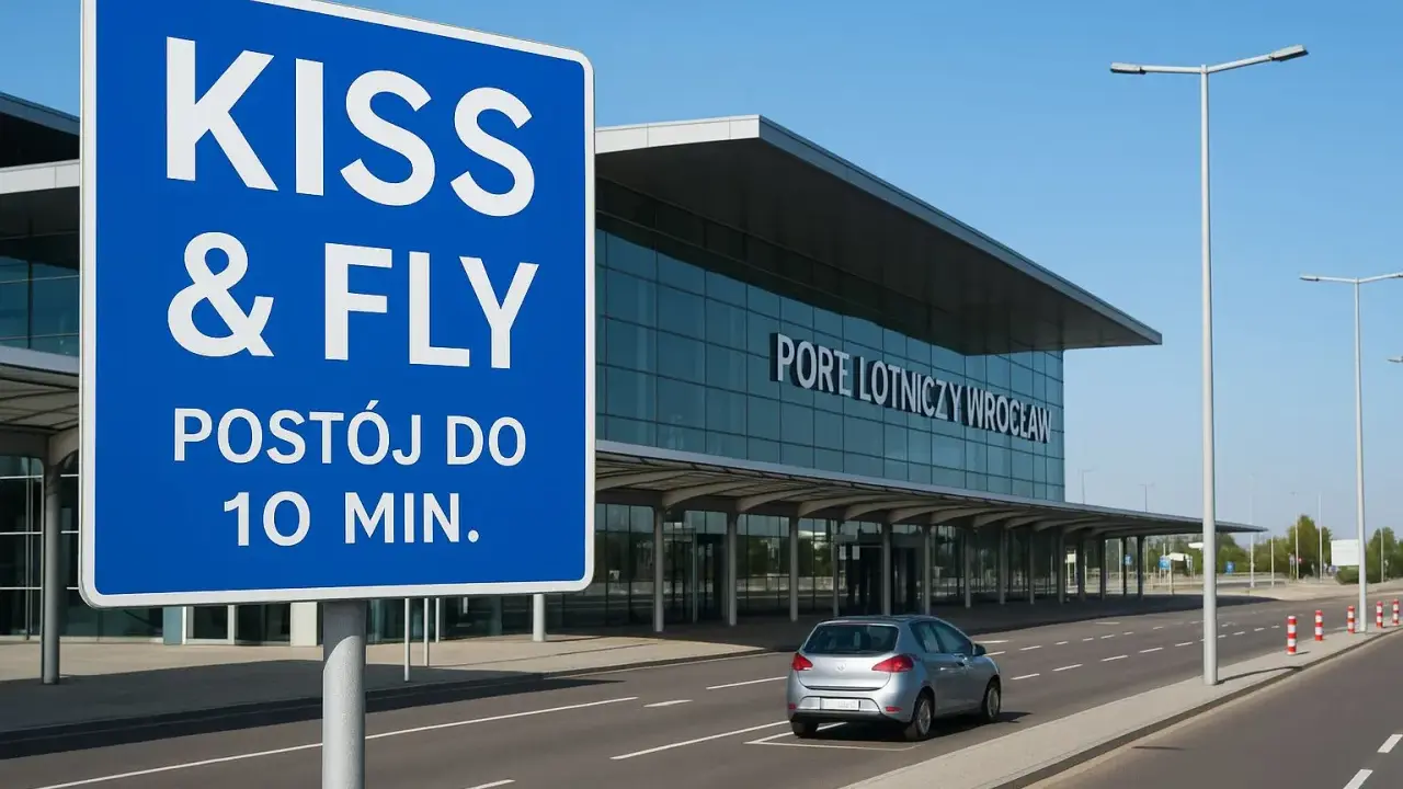 Niebieski znak "KISS & FLY" informuje o postoju do 10 min. przy Porcie Lotniczym Wrocław. Darmowy parking lotnisko wrocław jest dostępny dla szybkich pożegnań.