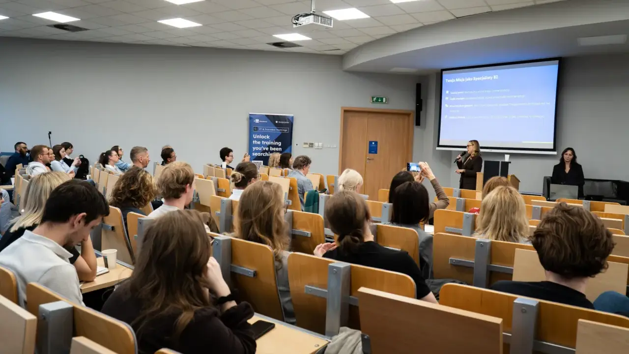 Wykład o specjalizacji BI, gdzie można zdobyć wiedzę potrzebną do zrobienia magisterki w rok. Studenci słuchają prezentacji.