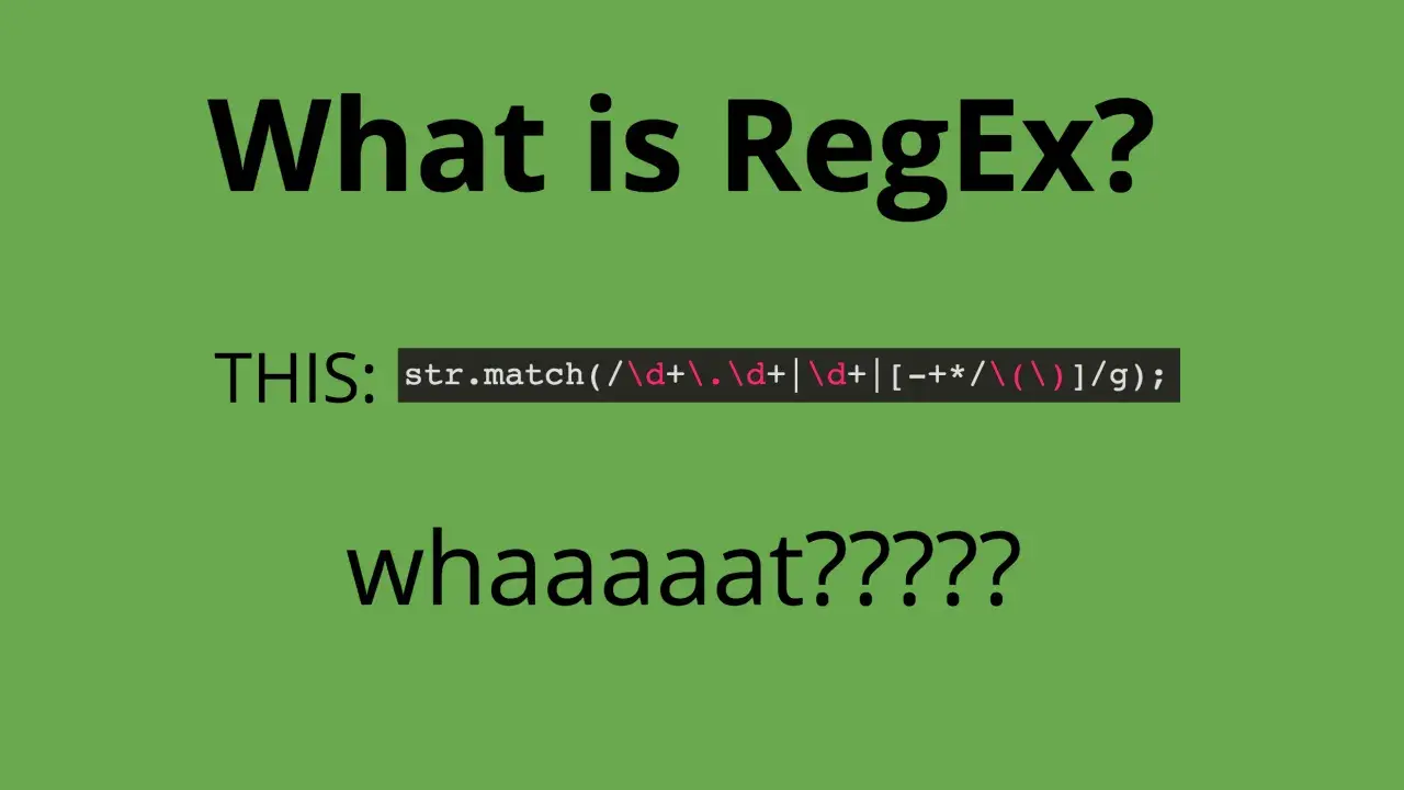 What is RegEx?" z przykładem wyrażeń regularnych: `str.match(/\d+\.\d+|\d+|[-+*/\(\)]/g);`.