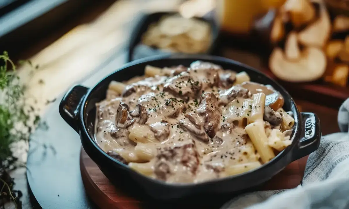 En krämig ryggbiff pasta med svamp och örter, serverad i en svart skål.