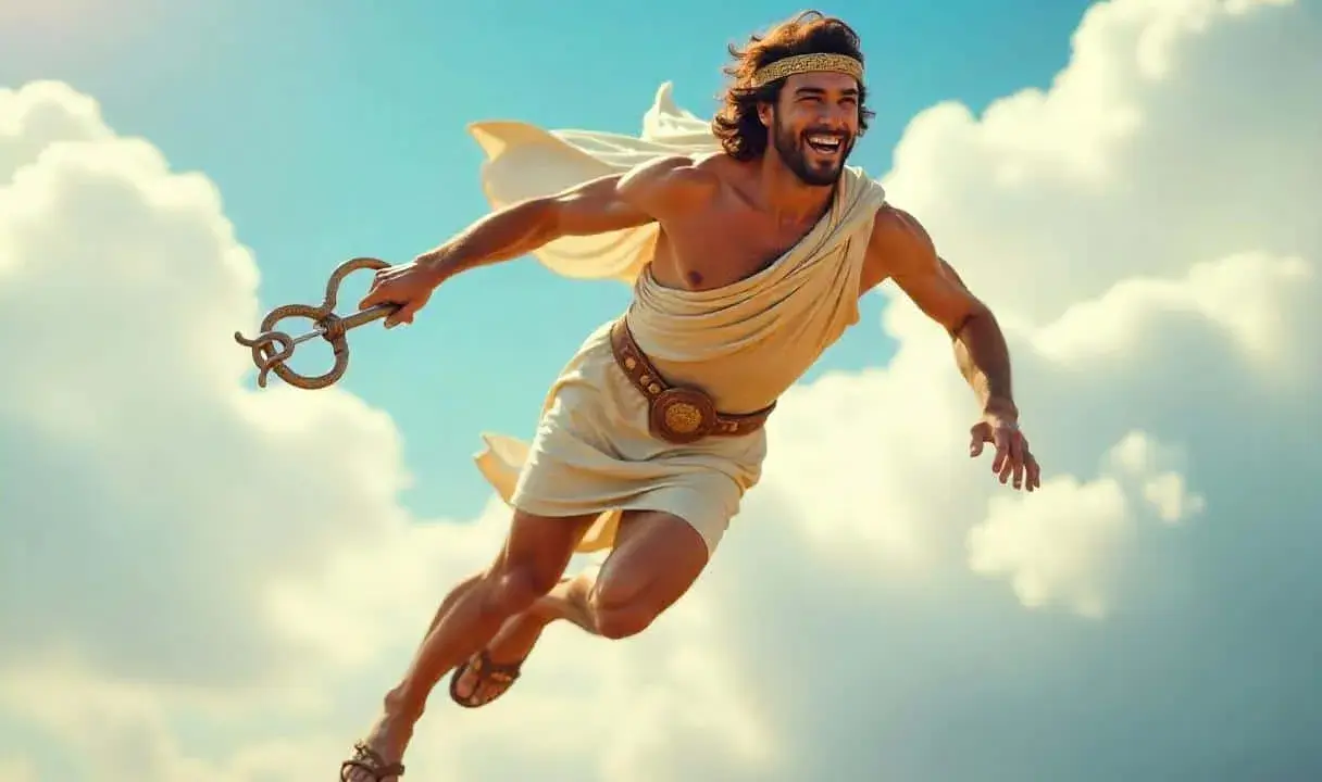 Hermes, Gott der Boten, fliegt mit seinem geflügelten Stab durch die Wolken. Seine Herkunft ist göttlich, seine Mission eilig.