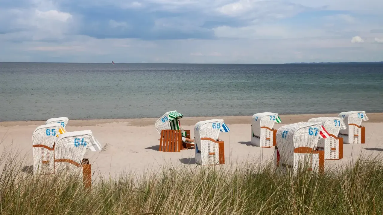 Plaża z koszami plażowymi, jakby to były luksusowe hotele w pałacach nad morzem.