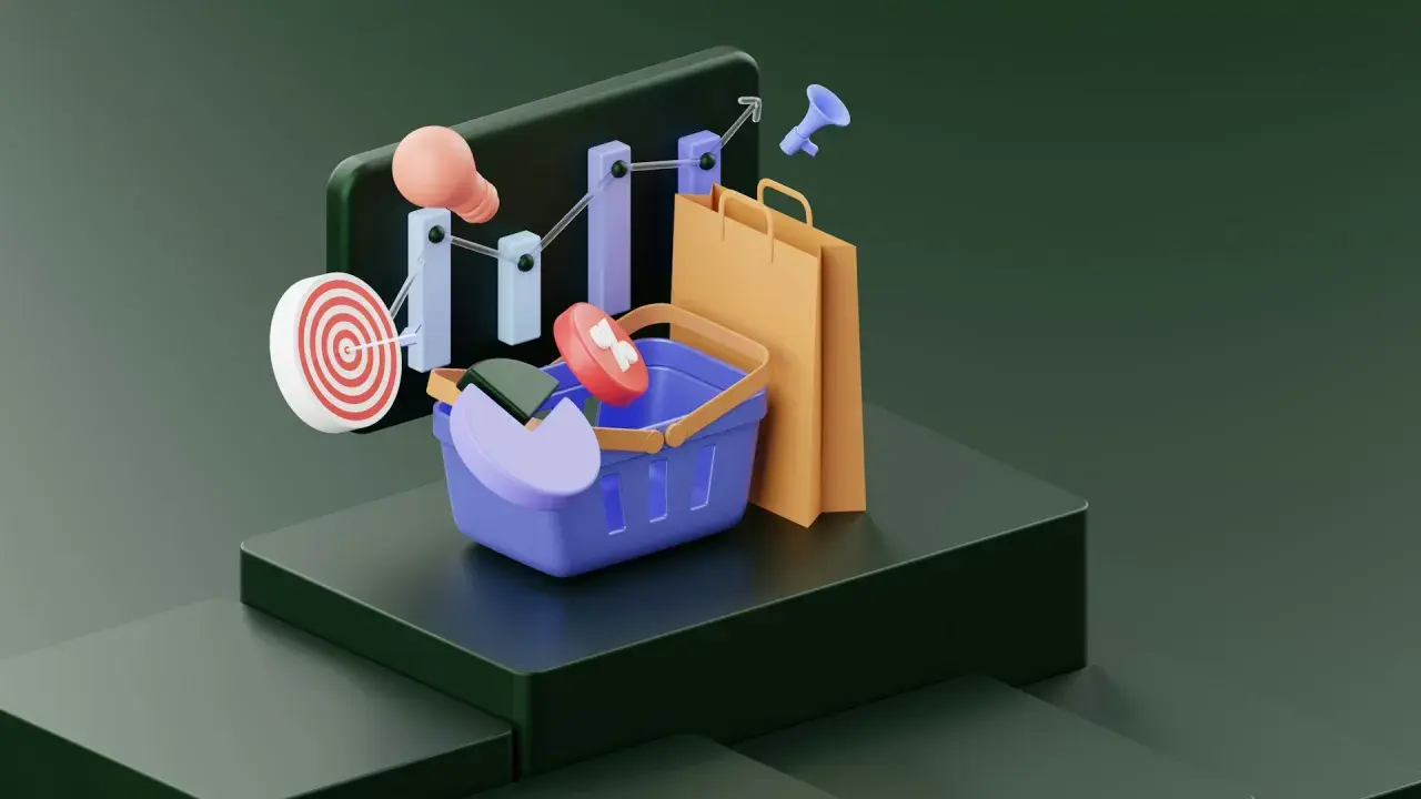 Grafika ilustruje branżę e-commerce: koszyk, torby, wykresy, cel i żarówkę.