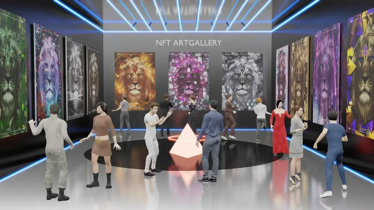 Visitors explore a digital NFT art gallery showcasing vibrant lion portraits, a glimpse into the art of the future.