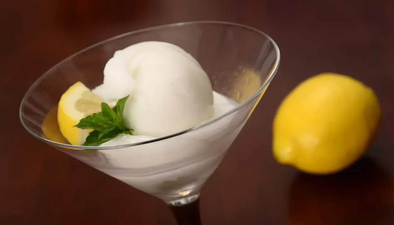 Glace colonel rafraîchissante dans un verre à martini, garnie d'une tranche de citron et de menthe. Un citron entier est posé à côté.