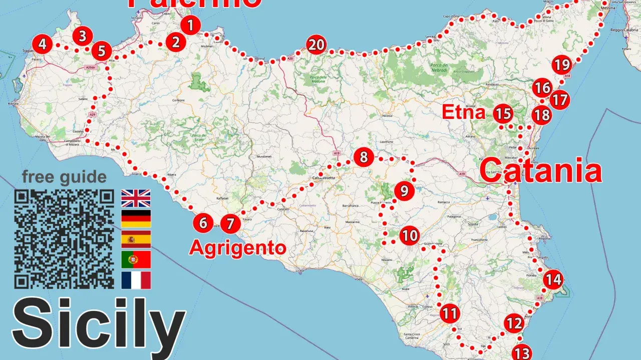 Mapa Sycylii z zaznaczonymi trasami zwiedzania. Widoczne Palermo, Etna, Katania, Agrigento. Dostępny darmowy przewodnik.