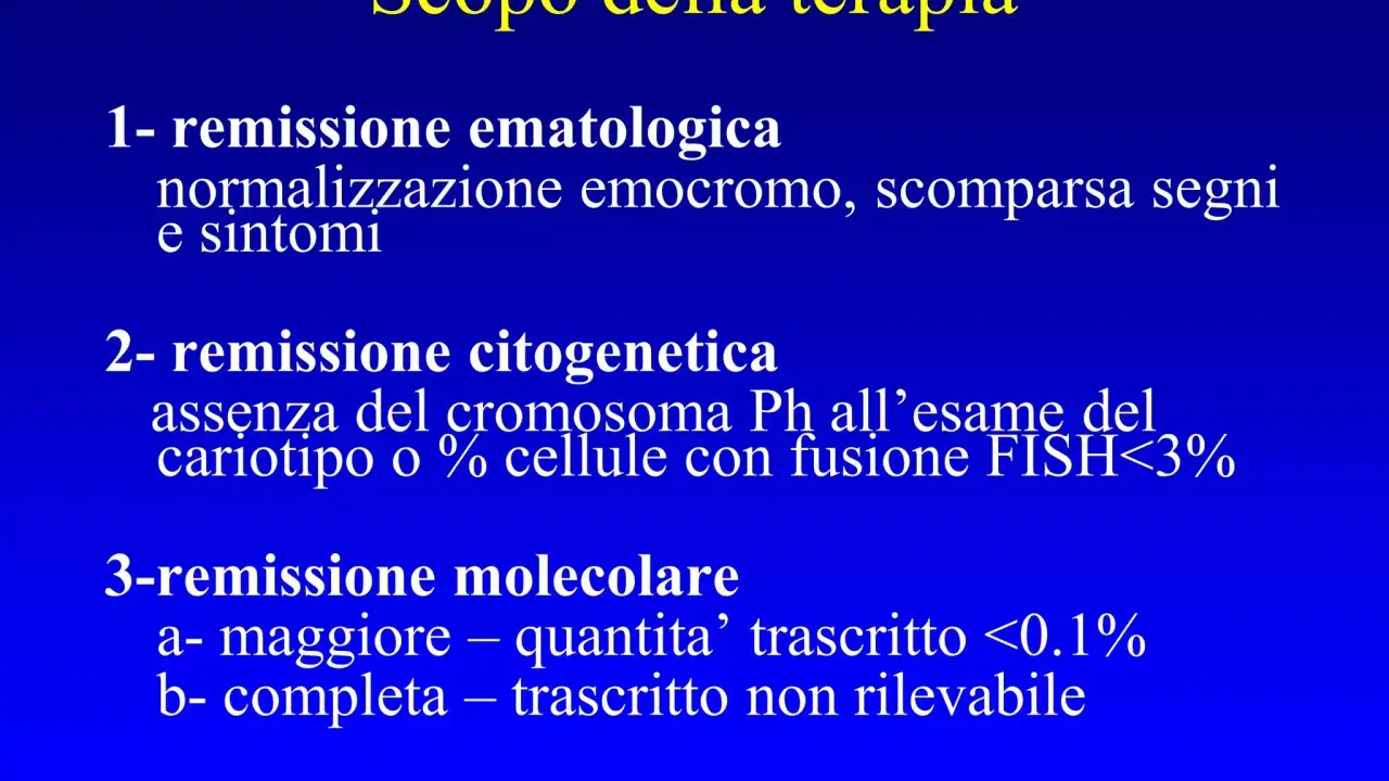 Scopo della terapia per la leucemia mieloide cronica: remissioni ematologica, citogenetica e molecolare.