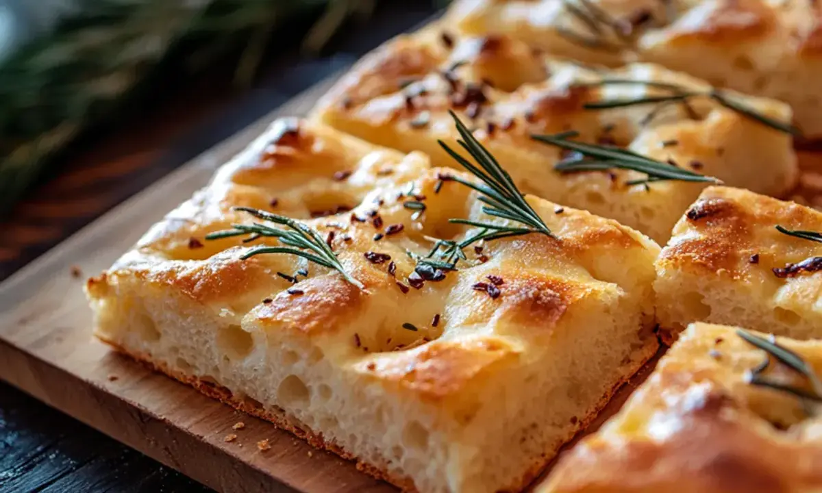 Nybakad focaccia med rosmarin och flingsalt, perfekt för ett enkelt focaccia recept.