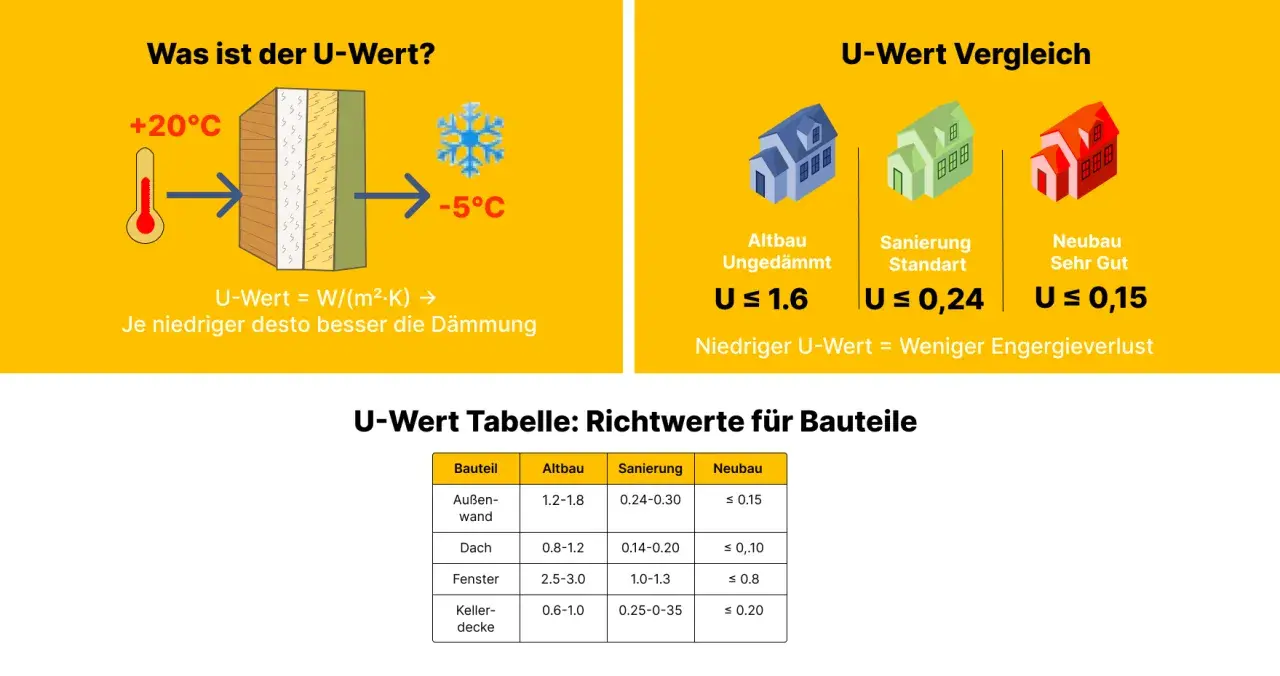 Vergleich von U-Werten für Altbau, Sanierung und Neubau. Ein niedriger U-Wert bedeutet bessere Dämmung und weniger Energieverlust.