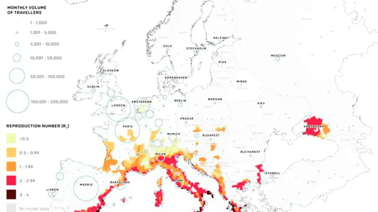 Karta över Europa som visar potentiell spridning av gula febern, med områden markerade i rött och orange där viruset kan frodas.
