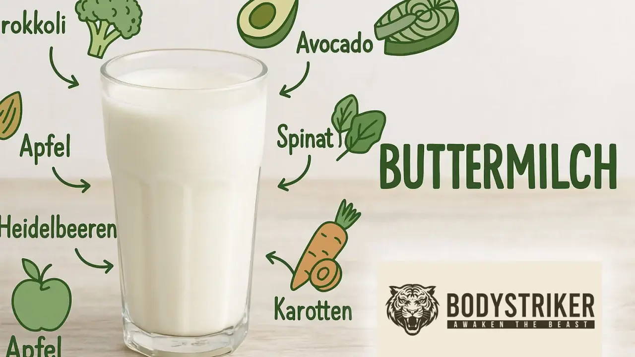 Glas Buttermilch mit Illustrationen von gesunden Lebensmitteln wie Brokkoli, Apfel, Avocado und Karotten. Ideal für buttermilch abnehmen.