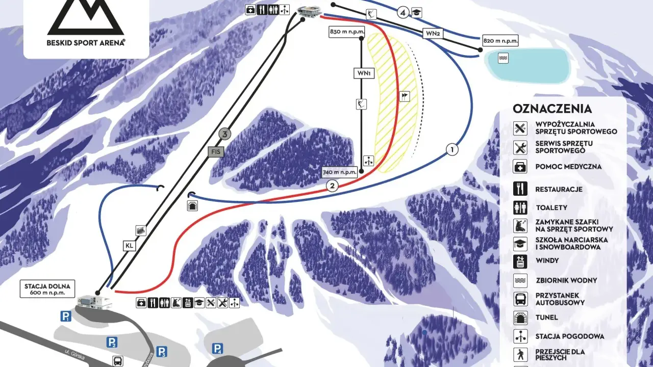 Mapa ośrodka Beskid Sport Arena. Trasy narciarskie w Szczyrku: zobacz, ile km tras czeka na narciarzy i snowboardzistów.