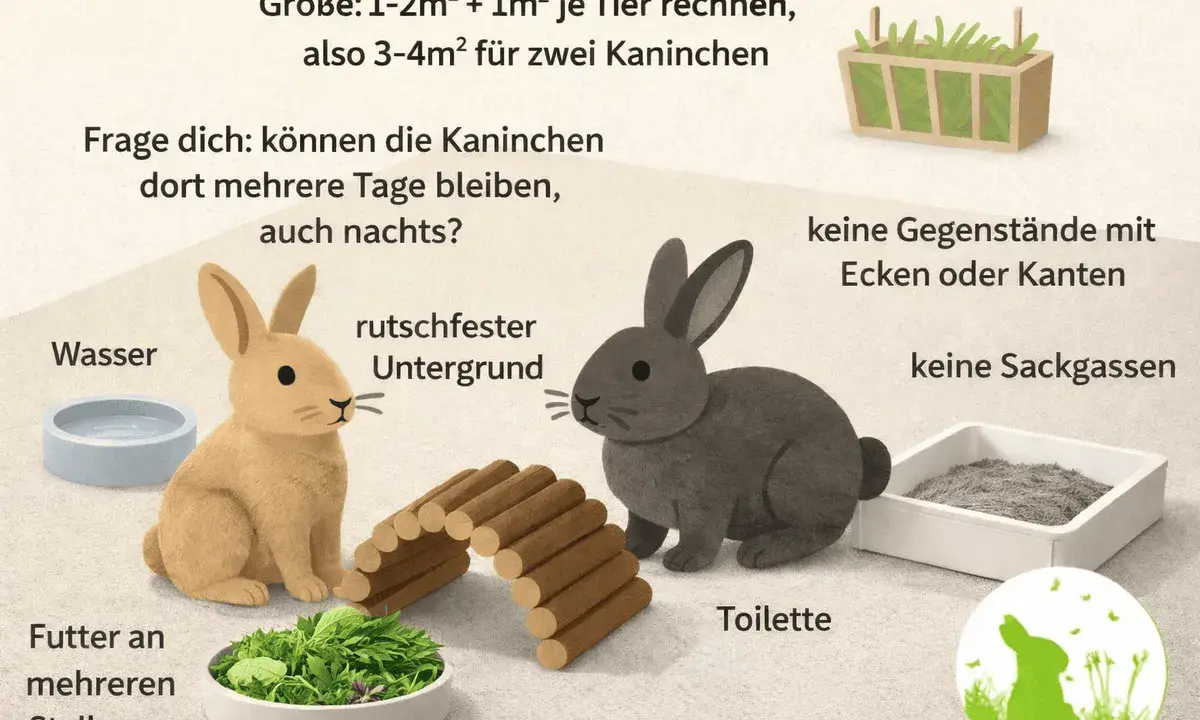 Zwei Kaninchen, ein braunes und ein graues, sitzen in einem Gehege mit Futter, Wasser und Toilette. Tipps für die artgerechte Haltung von hasen als haustier.