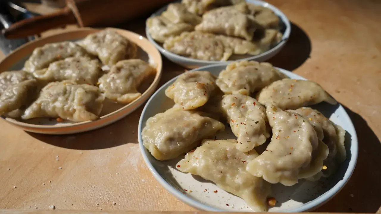 Talerze pełne pysznych, domowych pierogów z soczewicą, posypanych przyprawami. Idealne na obiad!