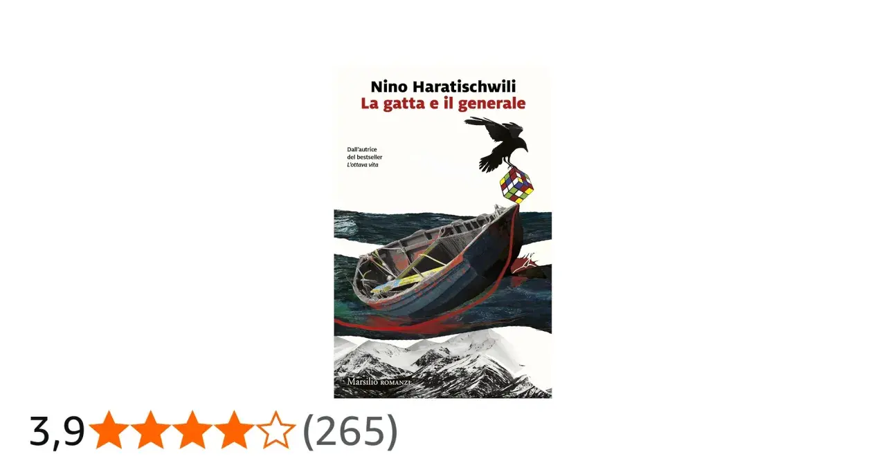 Copertina del libro "La gatta e il generale" di Nino Haratischwili. Una barca in mare, un corvo con un cubo di Rubik.