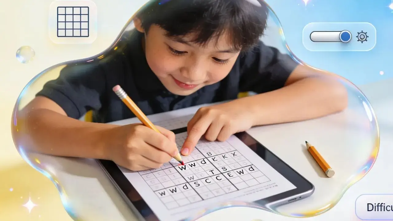 Bambino concentrato mentre cerca di crea crucipuzzle online su un tablet.
