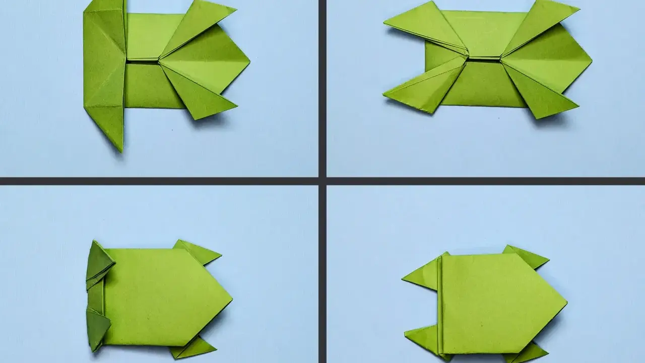 Schritt-für-Schritt-Anleitung für einen Frosch zum Falten. Ideal für Kindergartenkinder, um Origami zu lernen.