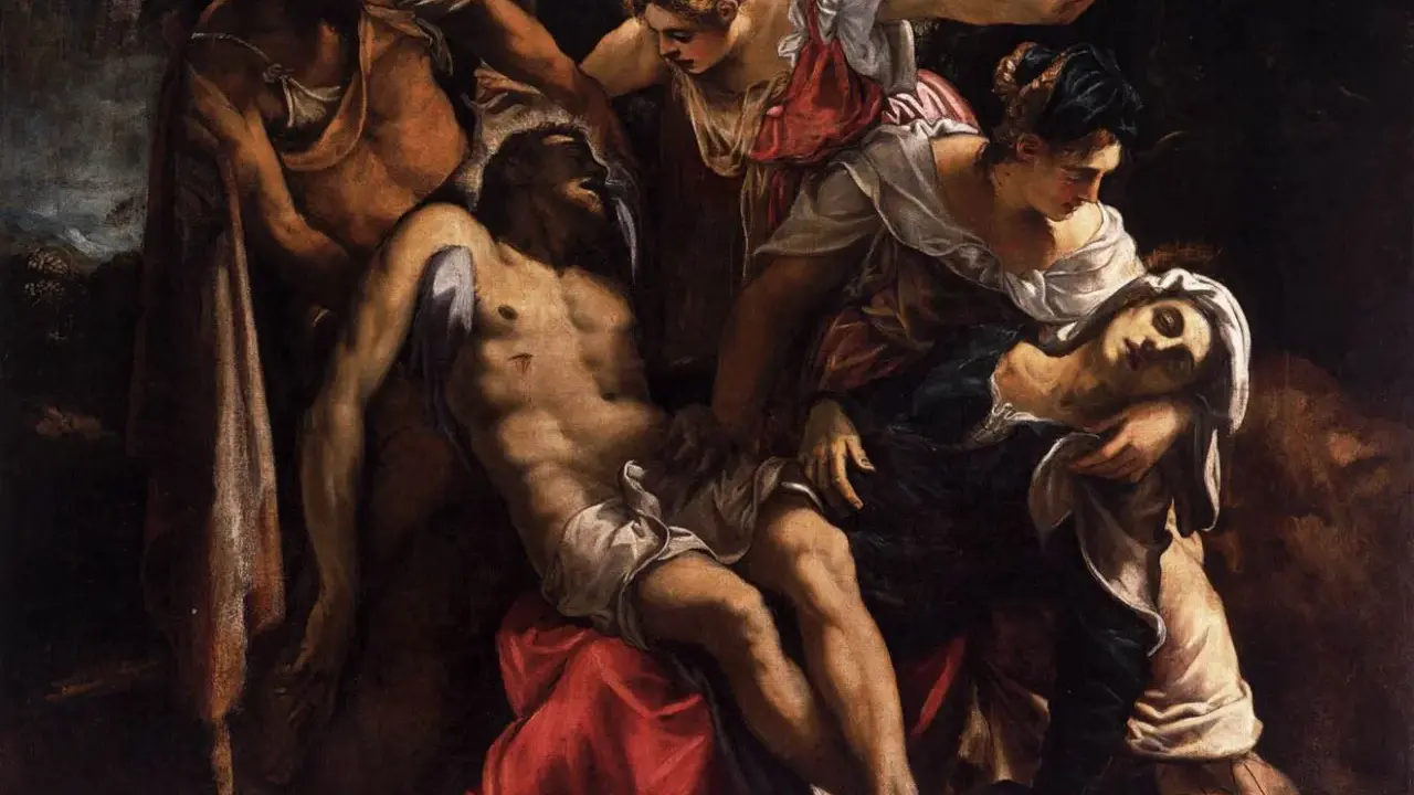 Des œuvres d'art du Tintoret : la descente de croix, avec le Christ mort soutenu par des femmes et des hommes.