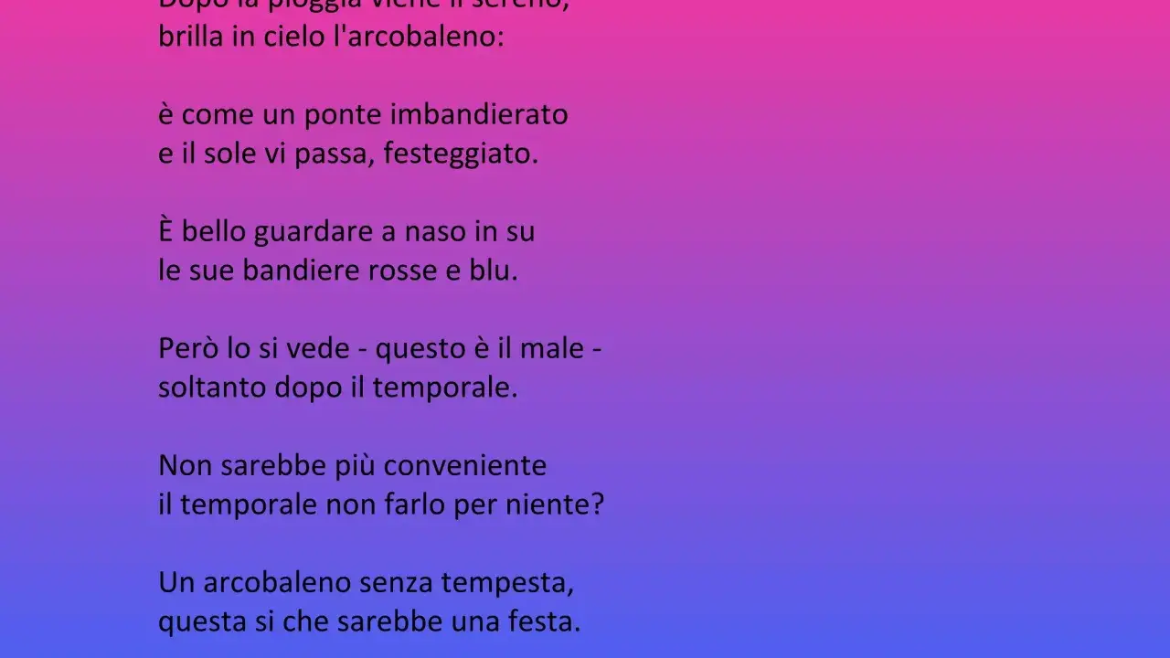 Poesia di Gianni Rodari: "Dopo la pioggia" descrive un arcobaleno come un ponte festeggiato. Un arcobaleno senza tempesta sarebbe una festa, ma la vera festa è fare pace prima della guerra.