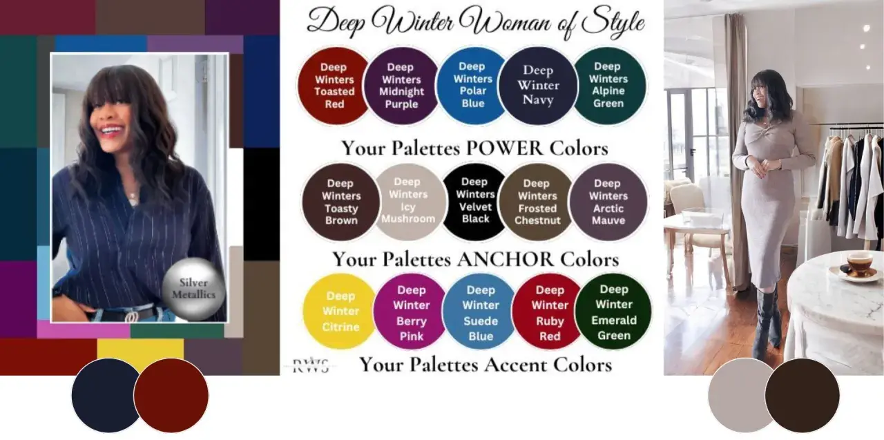A "Deep Winter Woman of Style" collage showcasing a deep winter color palette with various shades like Toasted Red, Midnight Purple, and Alpine Green.