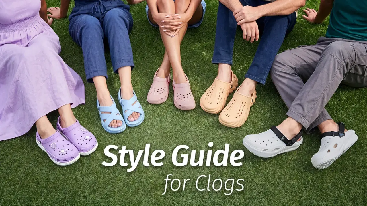 A style guide for clogs, showing various colors and styles. Learn how to wear clogs with socks for a cozy and fashionable look.