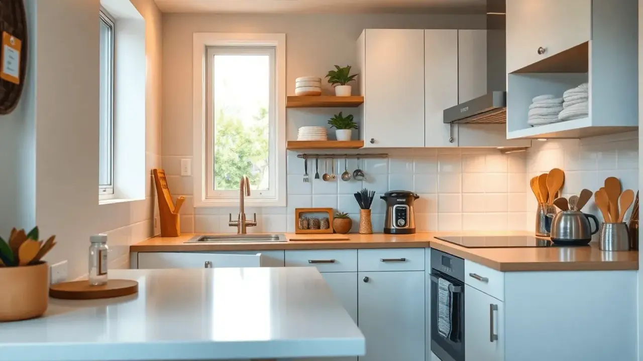Aménagement petite cuisine 4m2 : évier, plaque cuisson, four, rangements blancs et étagères en bois. Lumineux et fonctionnel.