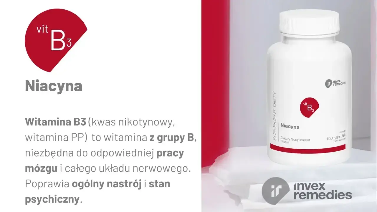 Niacyna co to? Witamina B3, niezbędna dla mózgu i układu nerwowego, poprawia nastrój. Suplement diety w kapsułkach.