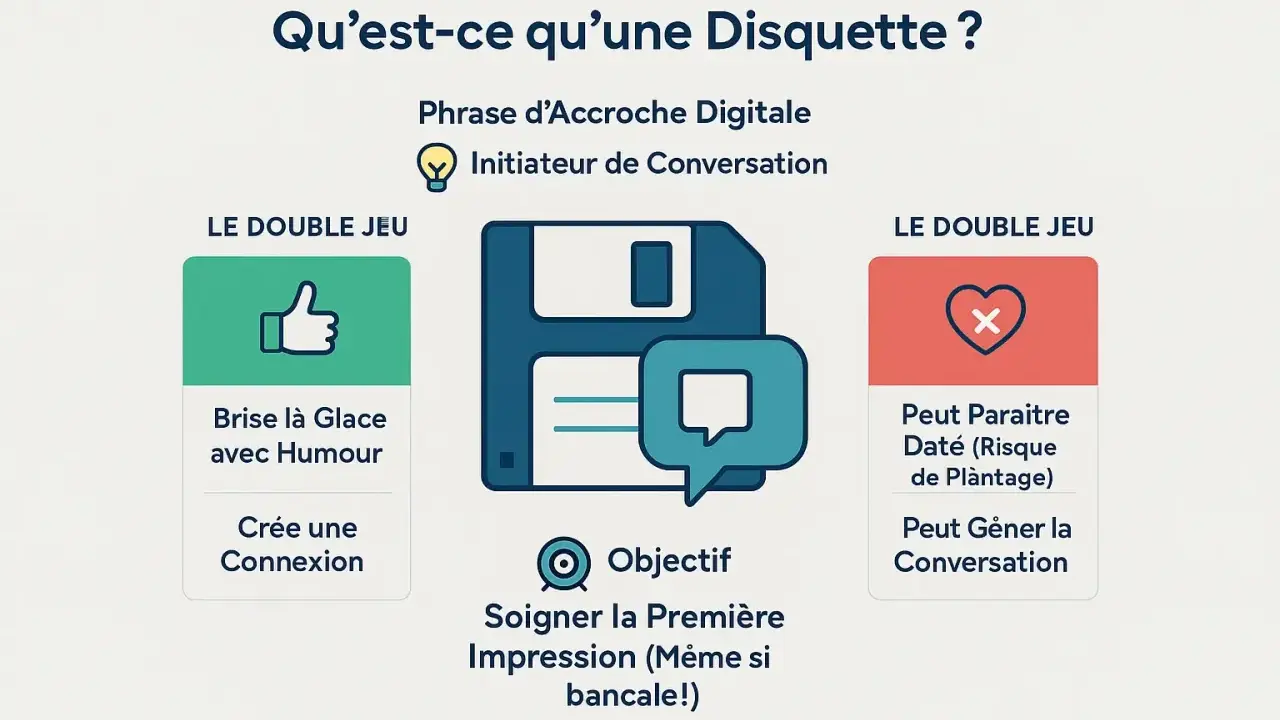 Une disquette, phrase d'accroche digitale pour briser la glace avec humour et créer une connexion. Attention, cela peut paraître daté, un vrai risque de plantage pour la conversation !