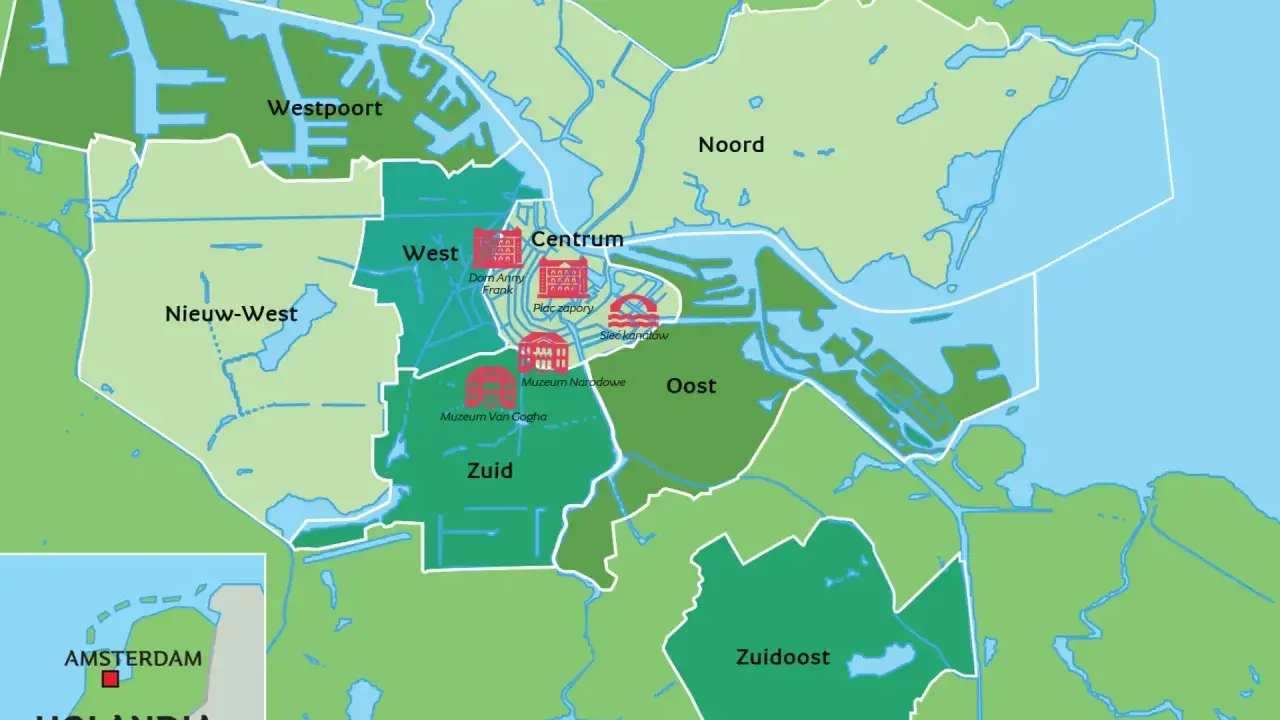Mapa Amsterdamu z zaznaczonymi dzielnicami: Centrum, West, Noord, Oost, Zuid, Zuidoost, Westpoort, Nieuw-West. Idealny amsterdam przewodnik.