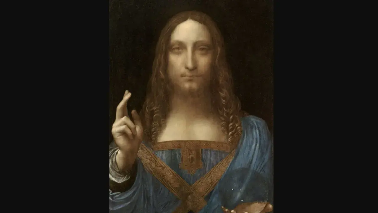 The Salvator Mundi painting depicts Christ with long, curly hair, raising his right hand in a blessing gesture and holding a crystal orb in his left.