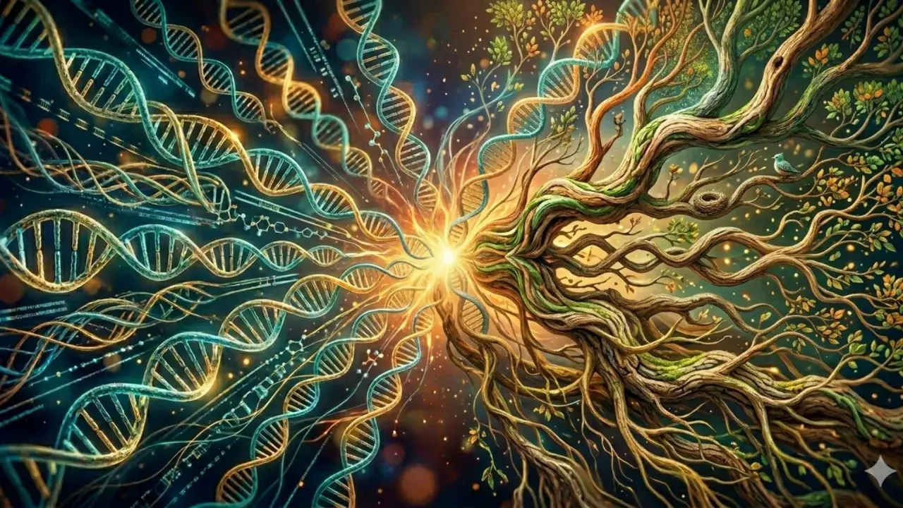 Doppia elica DNA si fonde con albero della vita, un'esplosione di luce simboleggia il cervello borderline, dove scienza e natura si intrecciano.
