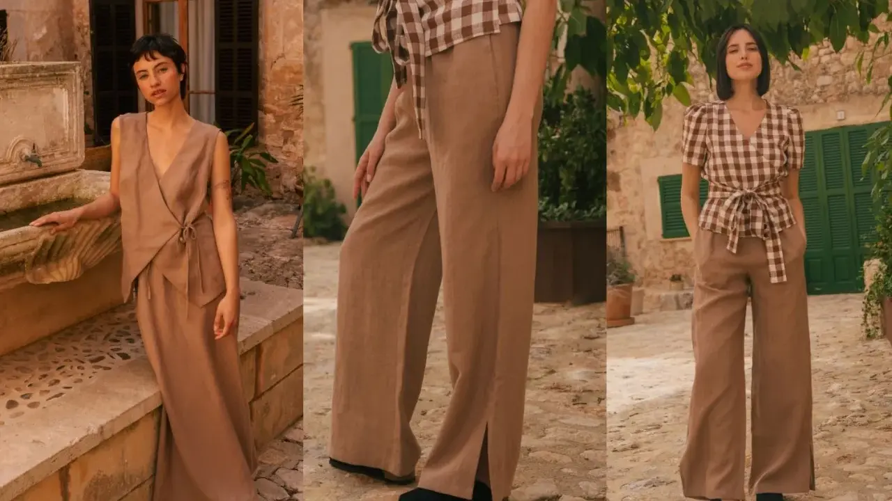 A woman models a chic beige linen pants outfit, showcasing a flowy wrap top and wide-leg trousers with stylish side slits.