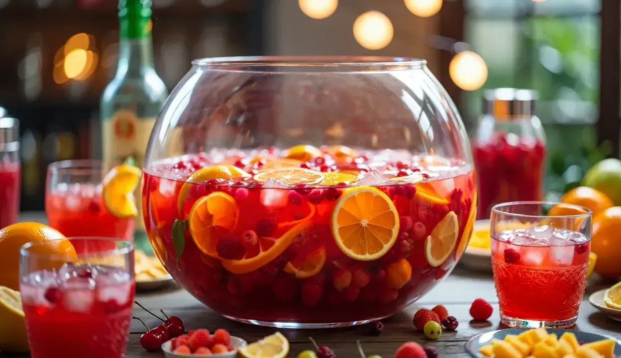 Un grand bol de punch fruité rouge avec des tranches d'orange et des baies, parfait pour une recette punch simple.