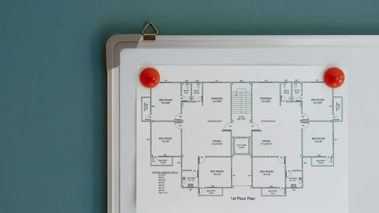 Plano provisional de obra de un edificio de apartamentos, con habitaciones, baños, cocina, comedor, dibujo, escaleras y balcones.
