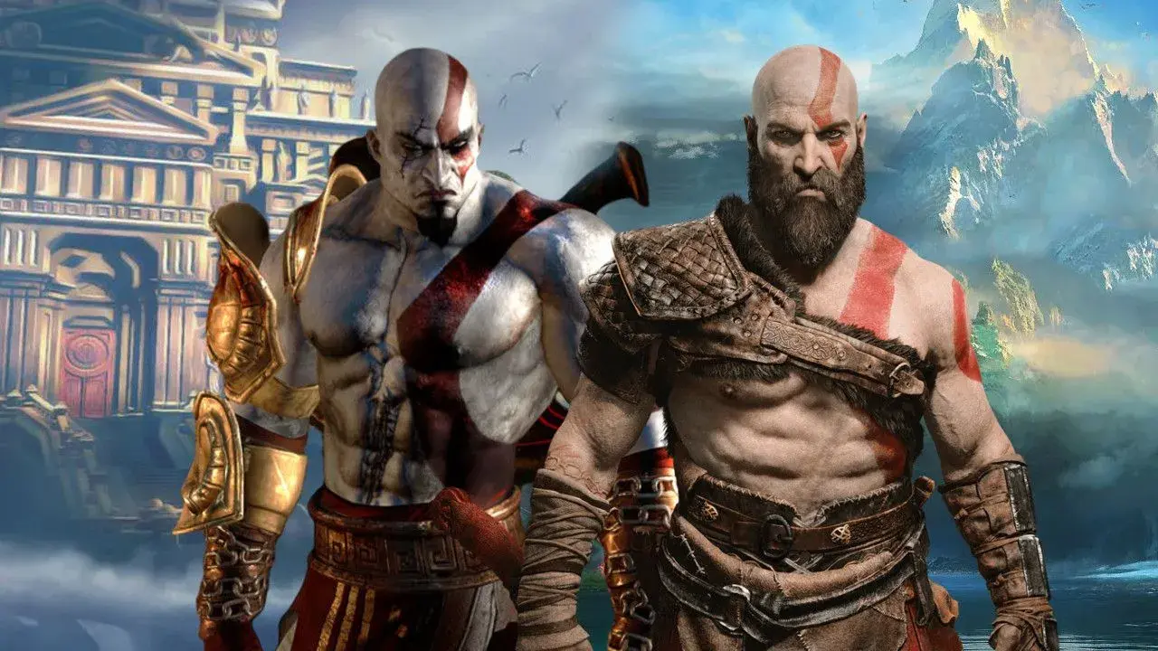 Kratos, bóg wojny, w dwóch odsłonach. Na tle starożytnej budowli i górskiej scenerii.
