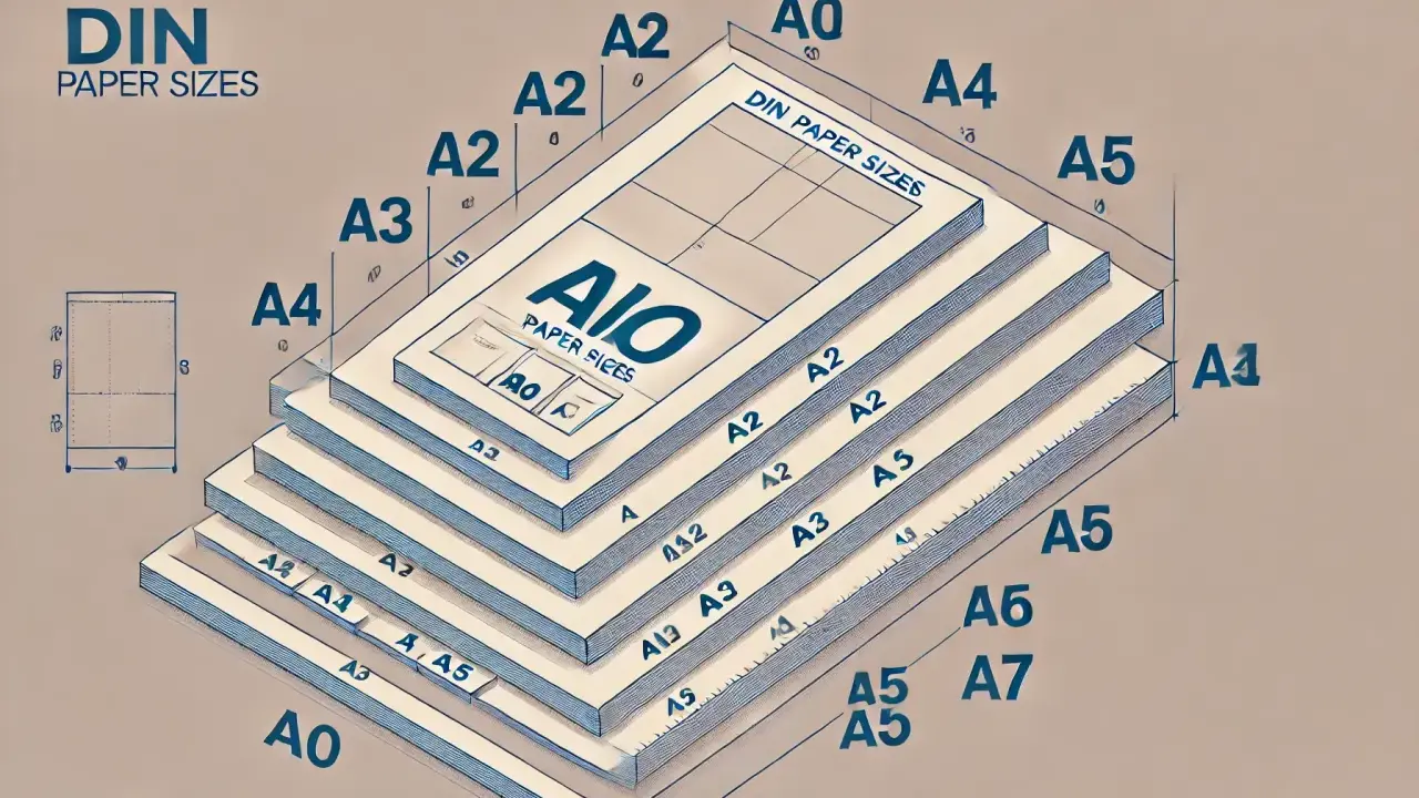 Diagrama de tamaños de papel DIN, apilados en orden descendente. Se muestra una hoja A0 en la parte inferior, con tamaños A1, A2, A3, A4 y A5 apilados encima. Cada hoja tiene su tamaño etiquetado. La medida cuartilla se relaciona con el tamaño A4.