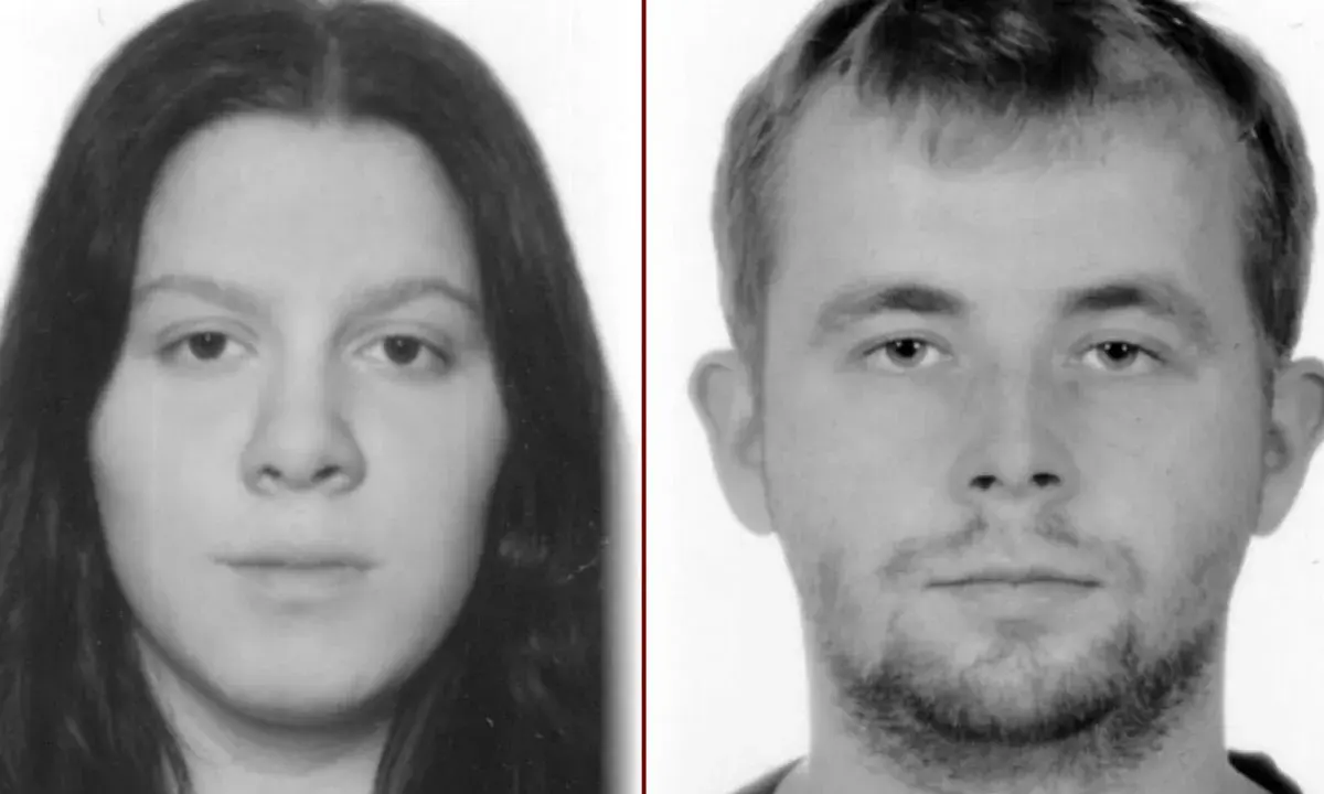 Portret dziewczyny Edzi z długimi włosami i obok mężczyzny z zarostem.