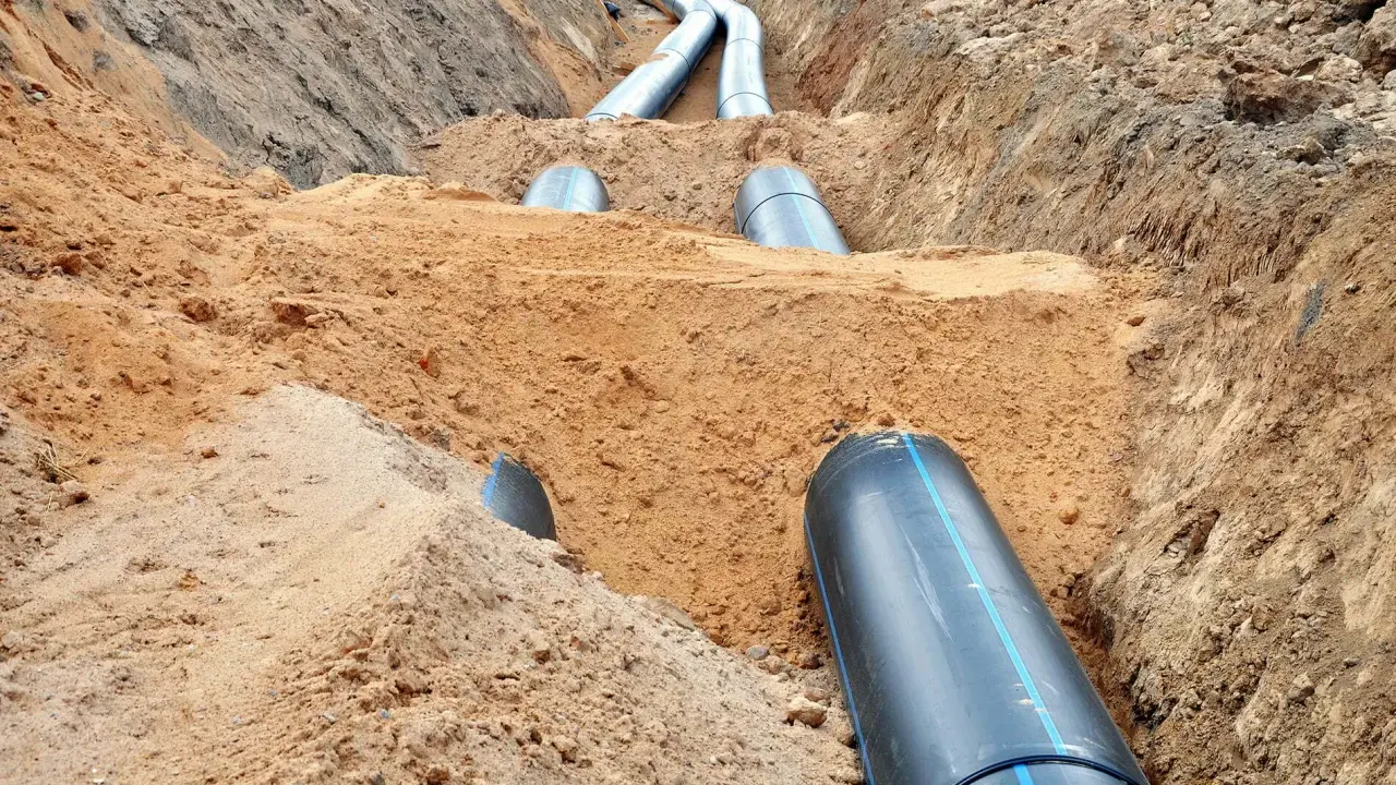 Excavación de una zanja para instalar tubería de gran diámetro.