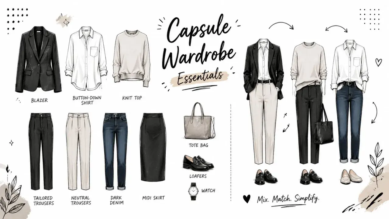 A capsule wardrobe features a blazer, button-down shirt (a type of blouse), knit top, trousers, denim, skirt, tote, loafers, and watch.
