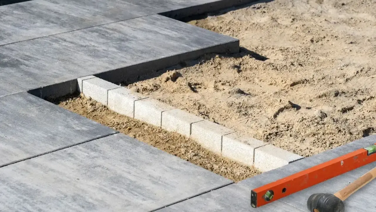 Budowa tarasu z bloczków betonowych w piasku. Poziomica i młotek czekają na dalsze prace.