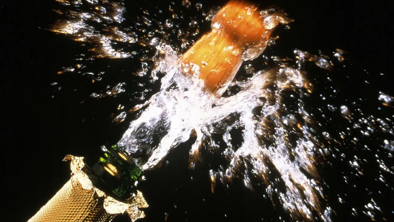 Le bouchon d'une bouteille de champagne s'envole dans un jet d'eau et de bulles, un moment de joie pour sabler le champagne.
