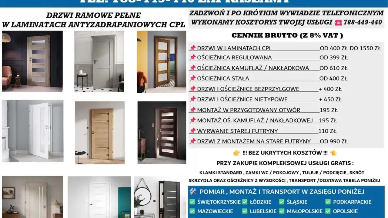 Katalog drzwi i ościeżnic, w tym maskownica futryny metalowej. Oferta obejmuje montaż i transport.