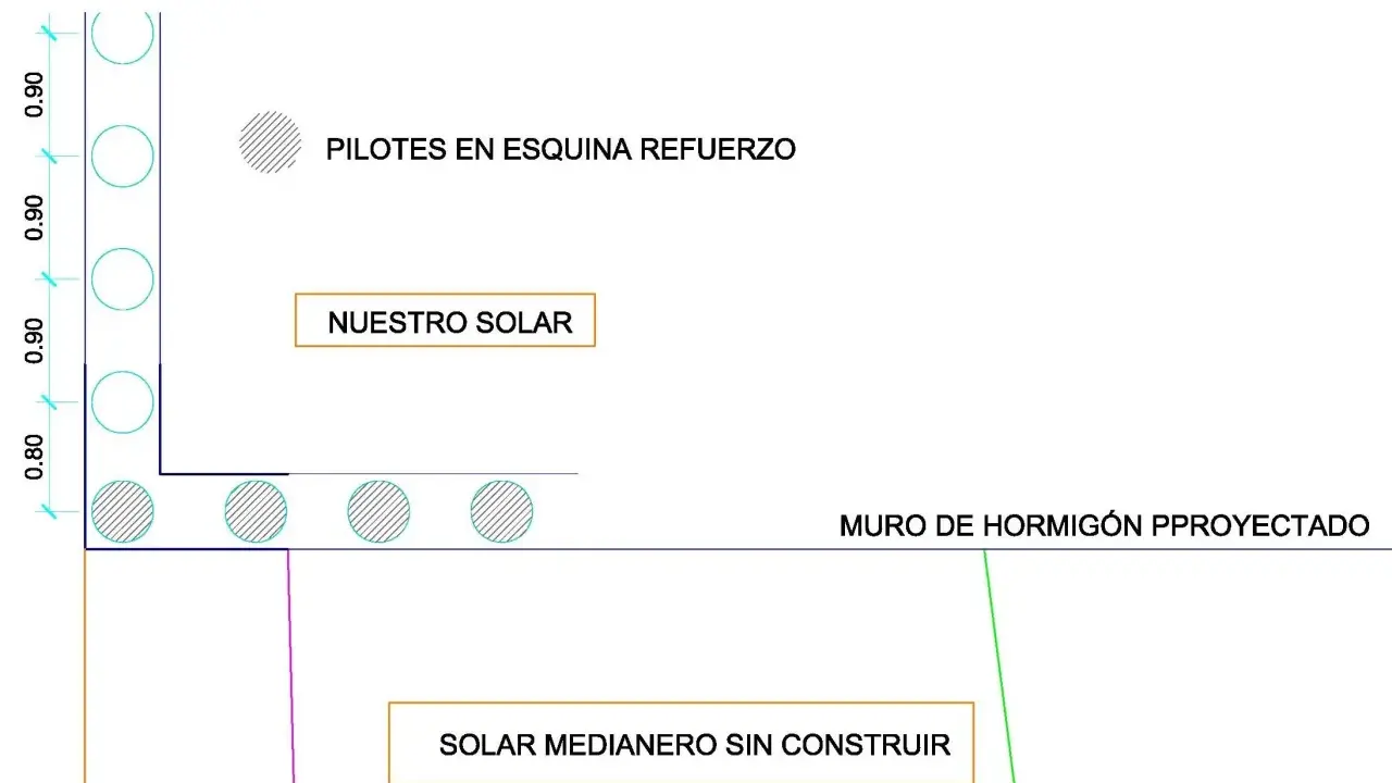 Plano de detalle muro pantalla con pilotes en esquina y muro de hormigón proyectado.