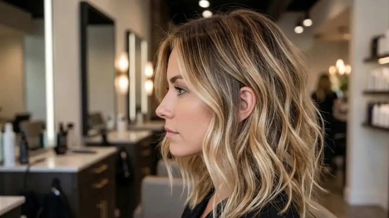 Mujer con cabello rubio ondulado y un hermoso **esfumado de raíz** que le da un look natural y moderno.
