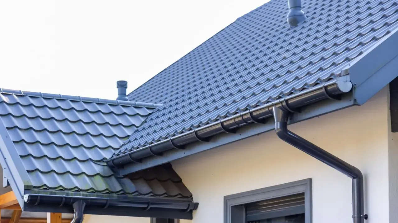 Szary dach z dachówki ceramicznej, idealny do obliczenia dachówka ceramiczna cena za m2. System rynnowy odprowadza wodę.