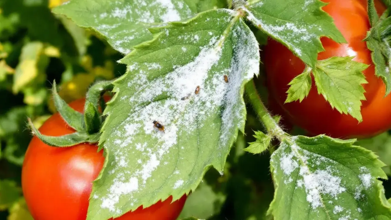 Feuilles de tomate couvertes de poudre blanche, avec quelques pucerons blancs tomate visibles.
