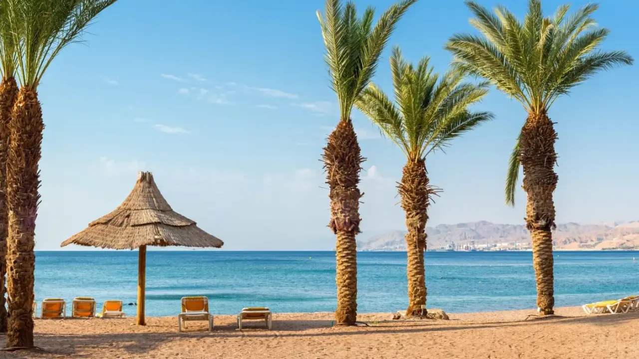 Spiaggia con palme, lettini e ombrellone di paglia. Ideale per un viaggio in Giordania, consigli per relax sul Mar Rosso.