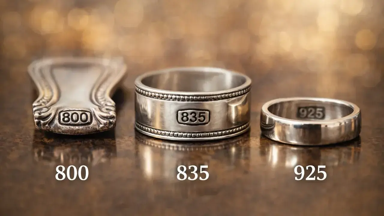 Tre anelli in argento, con punzoni 800, 835 e 925. Il 925 è il più puro, simile all'oro.