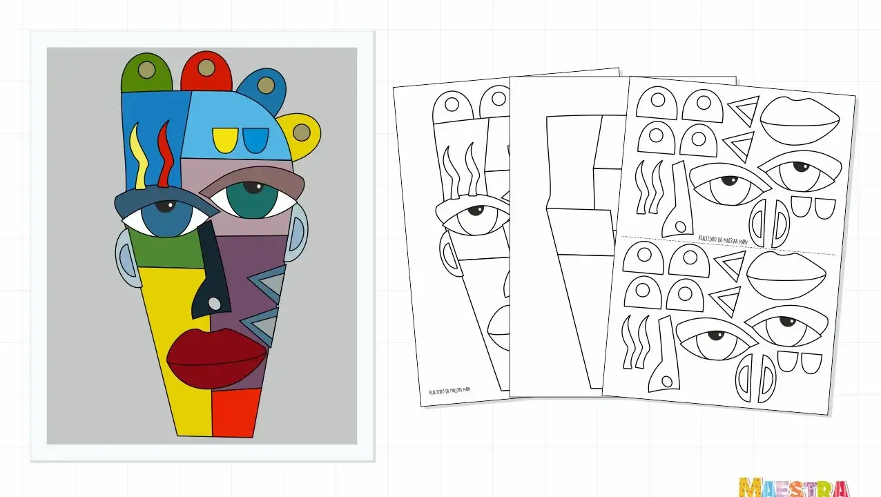 Maschere di carnevale d'autore da colorare: un volto astratto colorato e fogli con elementi da ritagliare per creare le tue maschere uniche.
